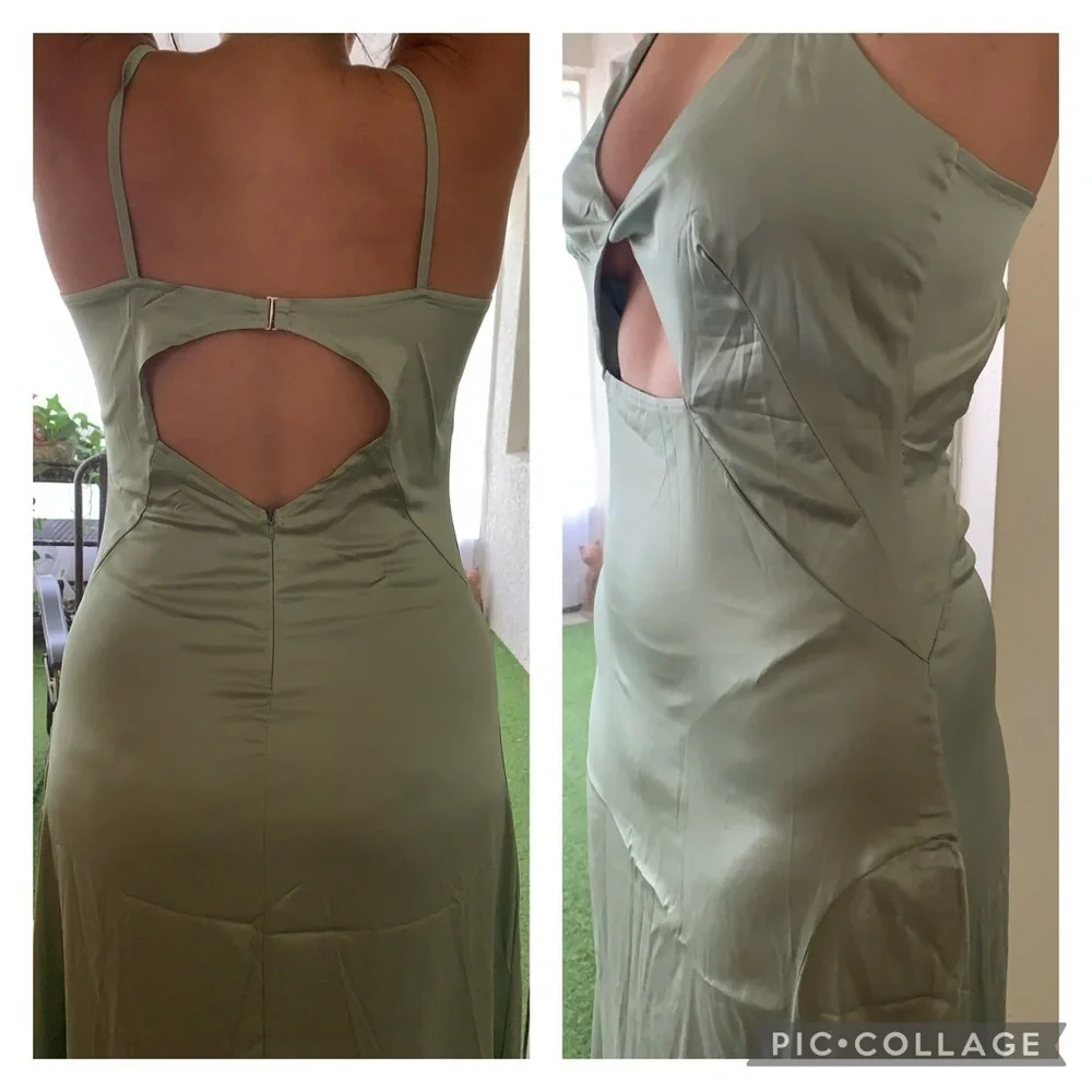 NWT Olive, mossy maxi slip dress, spaghetti strap deep V Neck thigh slit hem - Picture 5 of 12